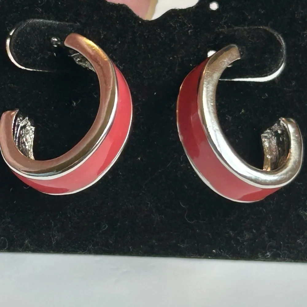Vintage Pink Enamel Silver Hoop Earrings